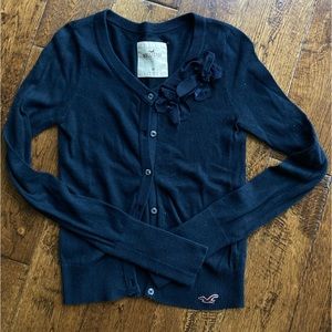 Hollister Navy Blue Button Up Sweater with Floral Detail